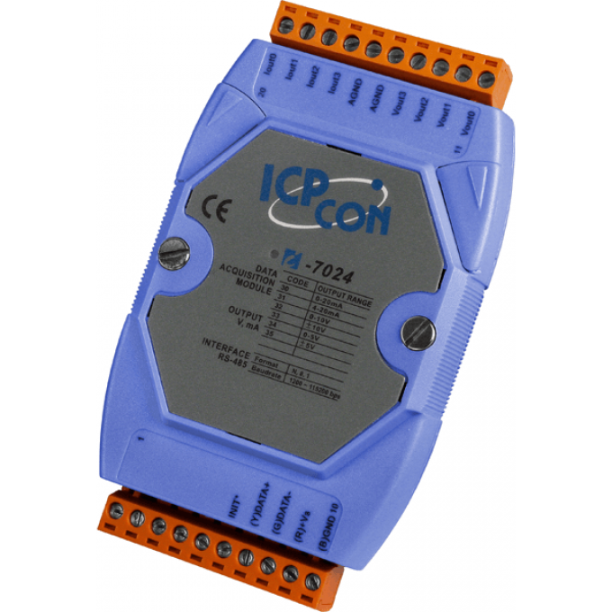 I-7024 CR Модуль с 4 каналами аналогового вывода, разрешение - 14 бит, параллельная шина ICP DAS (00-01086877) RS-485 -25 до +75 °C I-7024-CR