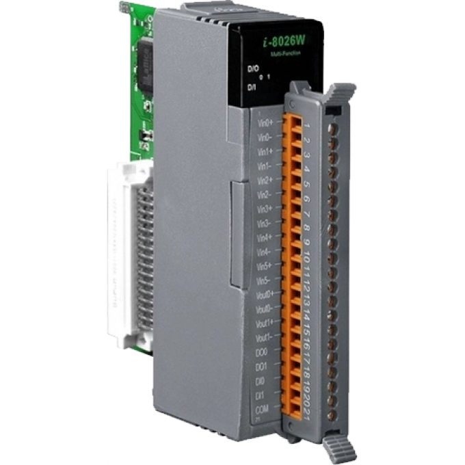 Высокопрофильный модуль ввода-вывода, 2 канала аналогового ввода, 2 канала аналогового вывода, 2 канала дискретного ввода, 2 канала дискретного вывода, ICP DAS пластик от -25 до +75 I-8026W