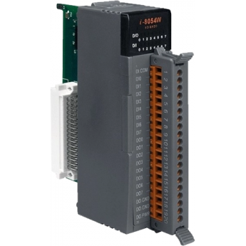 I-8054W Высокопрофильный модуль ввода - вывода, 8 каналов дискретного ввода, контакт с внешним питанием / 8 каналов дискретного вывода, открытый коллектор, с изоляцией до 3750В, параллельная шина, ICP DAS пластик