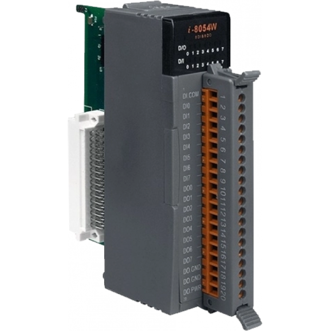 Высокопрофильный модуль ввода - вывода, 8 каналов дискретного ввода, контакт с внешним питанием / 8 каналов дискретного вывода, открытый коллектор, с изоляцией до 3750В, параллельная шина, ICP DAS пластик I-8054W