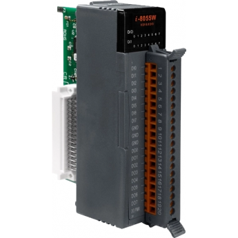 I-8055W Высокопрофильный модуль ввода - вывода, 8 каналов дискретного ввода, сухой контакт / 8 каналов дискретного вывода, открытый коллектор, без изоляции, параллельная шина, ICP DAS Пластик