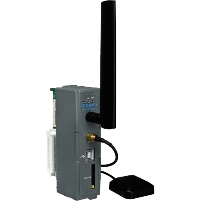 Высокопрофильный промышленный 4G LTE модуль, поддержка GPS, скорость ограничена шиной до 115.2 kbps, мощность передатчика до 33dBm, частоты 850/900/1800/1900/2100МГц, ICP DAS пластик I-8213W-4GE
