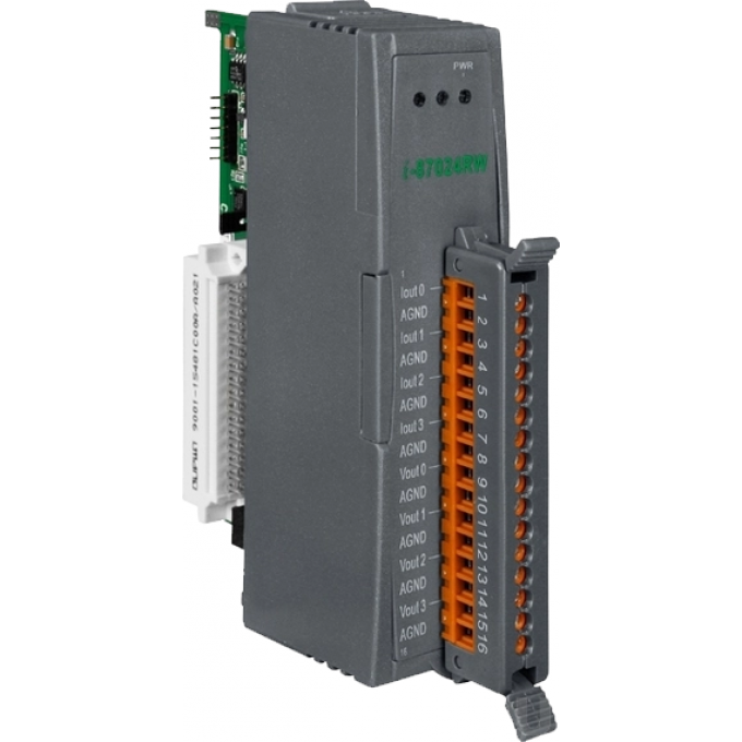 Высокопрофильный модуль вывода, 4 канала аналогового вывода, 14-бит, последовательная шина, ICP DAS пластик I-87024RW